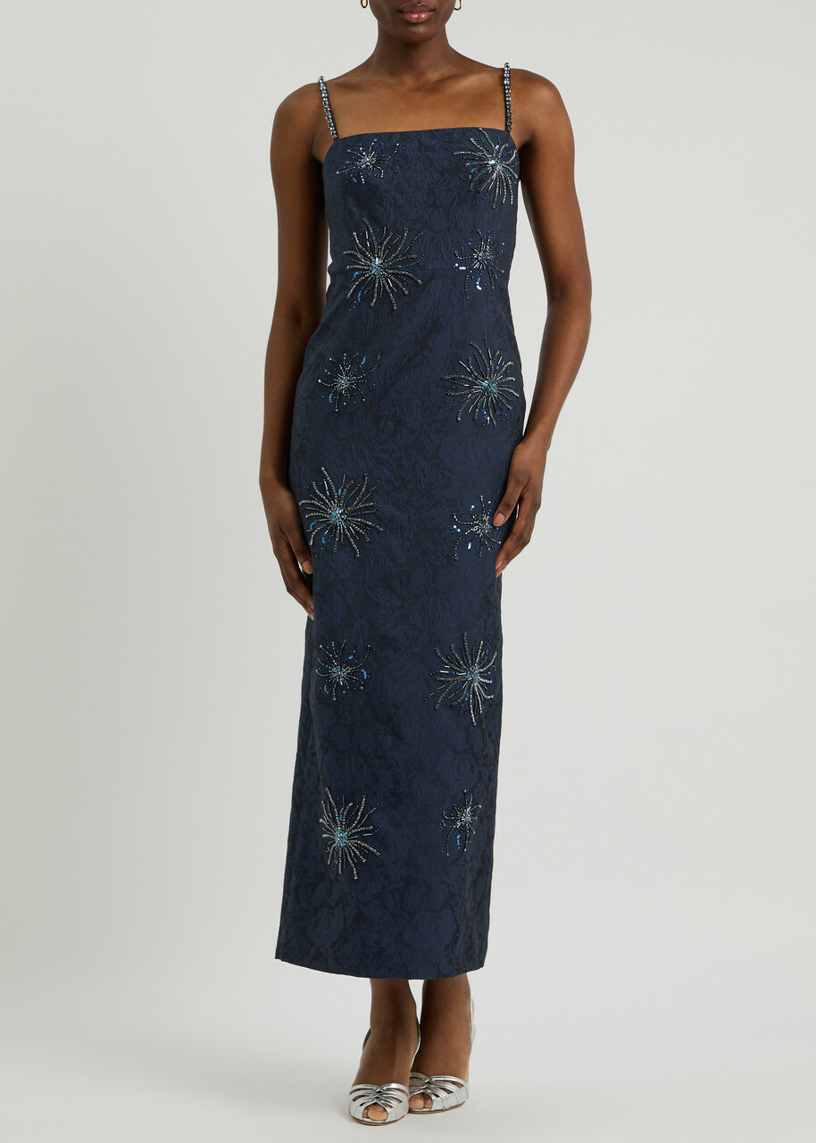 Huishan Zhang Astra Embellished Cloqué Maxi Dress Navy