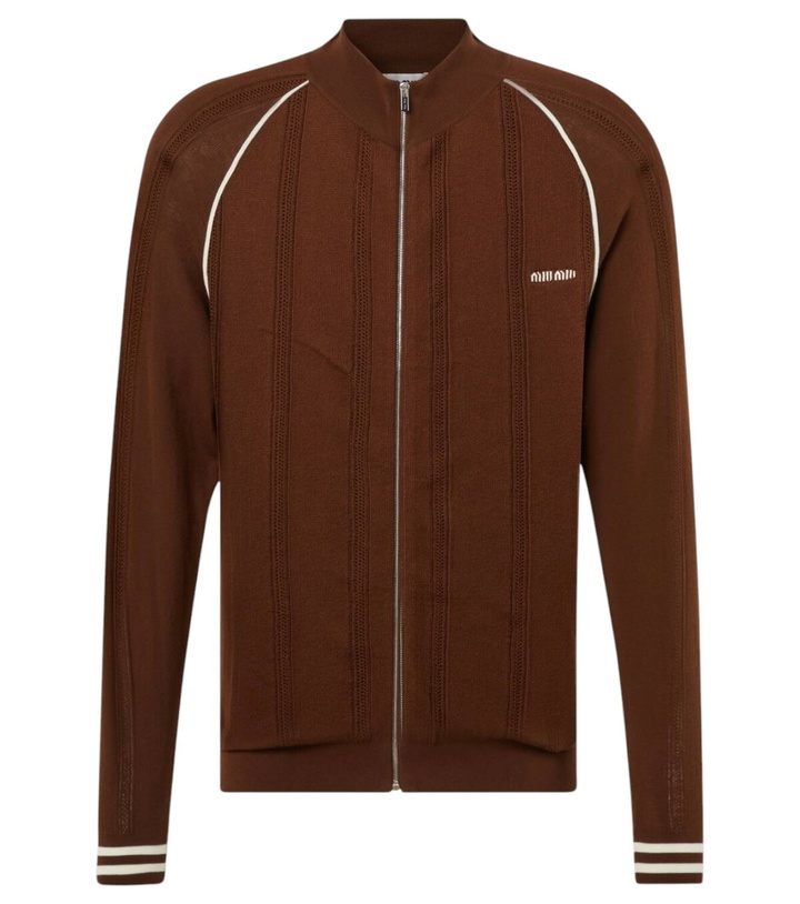 Photo: Miu Miu Logo cotton-blend zip-up cardigan