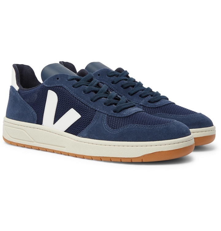 Photo: Veja - V-10 Leather-Trimmed Mesh and Suede Sneakers - Blue