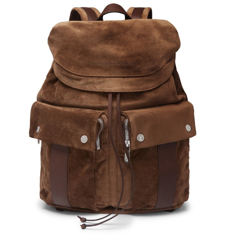 Photo: Brunello Cucinelli - Leather-Trimmed Suede Backpack - Men - Brown