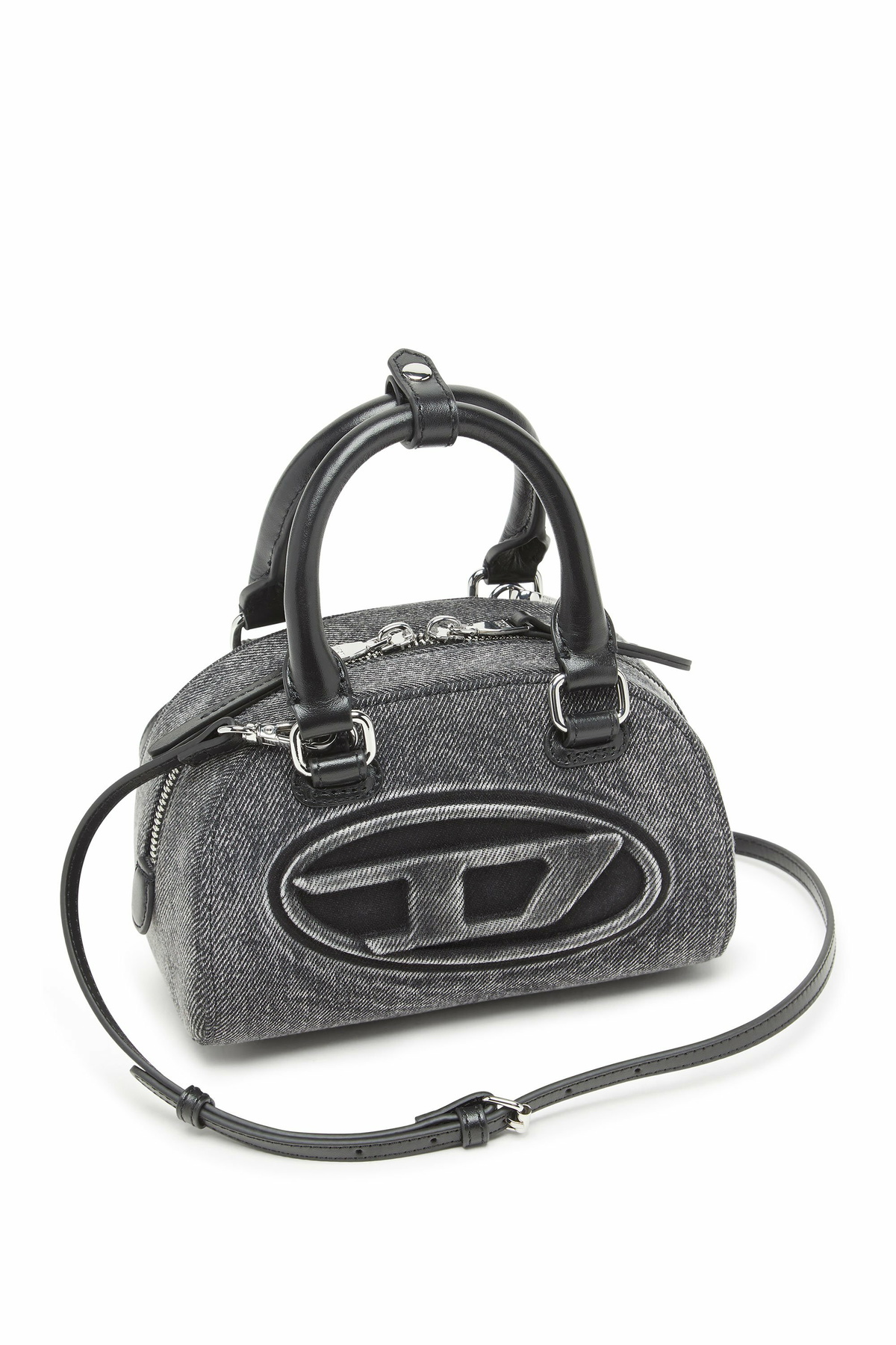 Diesel 1DR Dome-Mini bowling bag in washed denim - Crossbody Bags Womens in Grey
