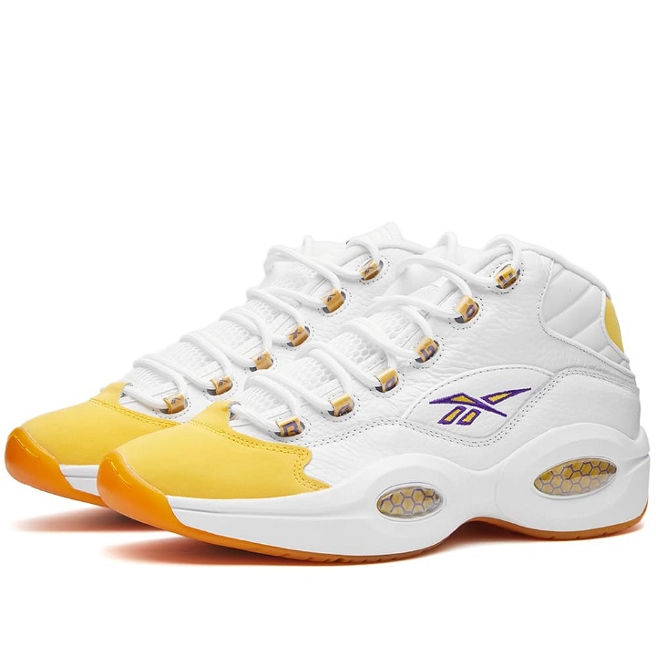 Photo: Reebok Men's Question Mid Sneakers in White/Yellow Thread/Ultra Violet