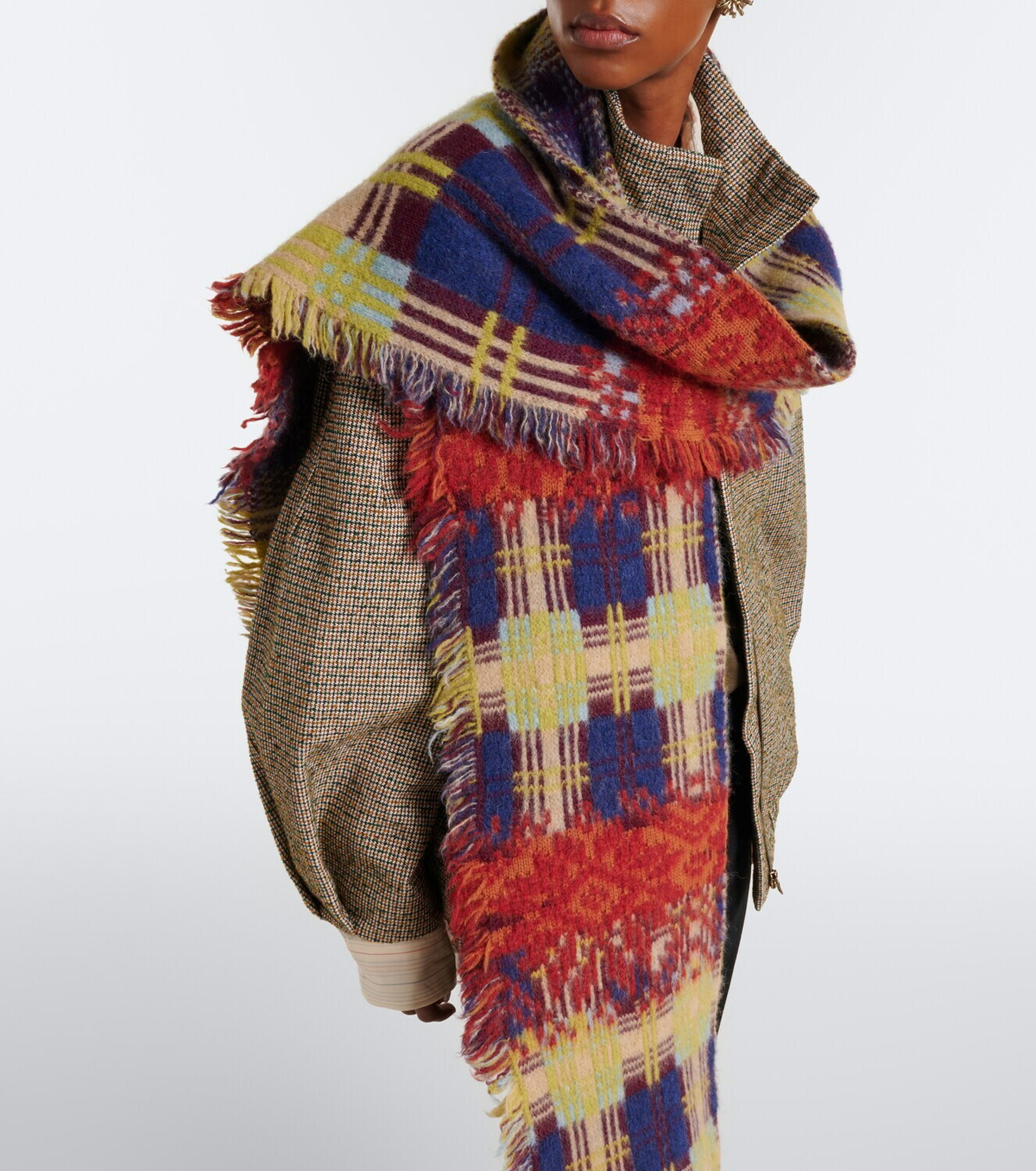 Dries Van Noten Checked fringed wool and alpaca-blend scarf