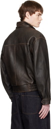 COOR Brown Vintage Shelter Neck Collar Leather Jacket