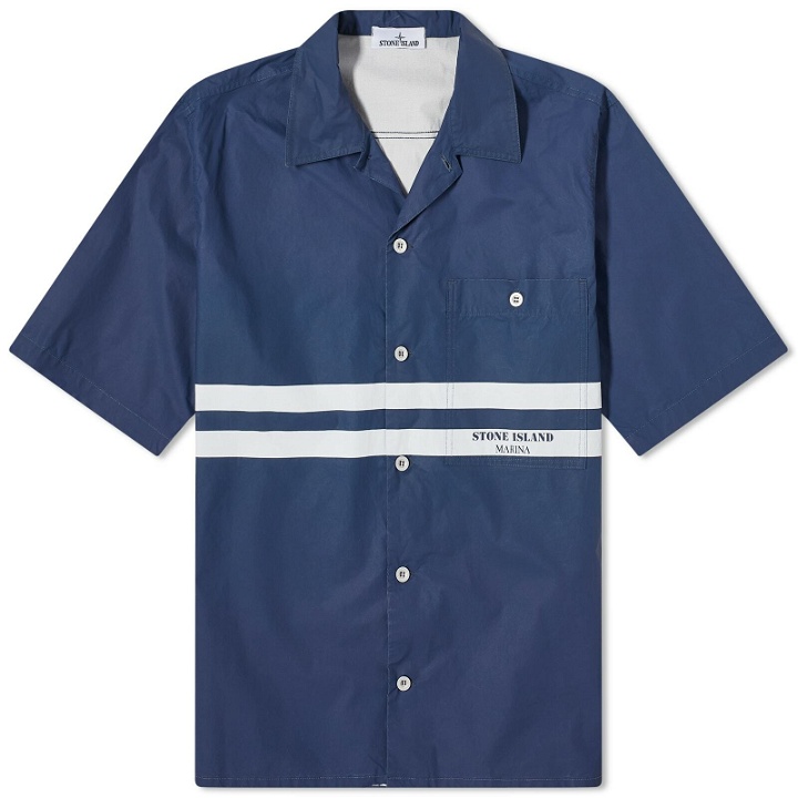 Photo: Stone Island Men's Marina Cotton Canvas Shorts Sleeve Shirt in Royal Blue