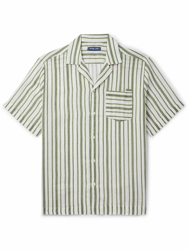Photo: Frescobol Carioca - Angelo Camp-Collar Striped Linen Shirt - Green