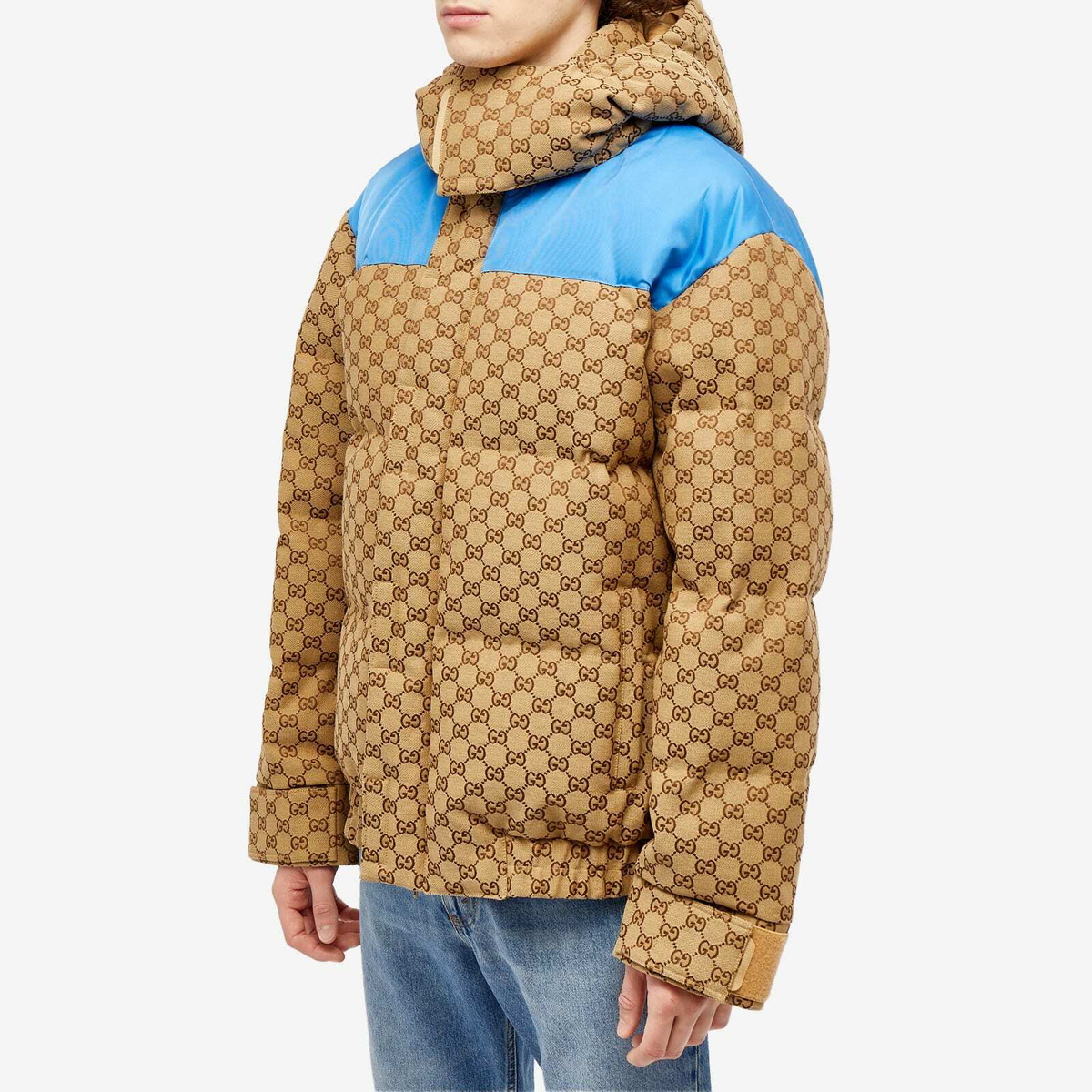 Gucci Men's GG Jacquard Hooded Down Jacket in Camel Gucci