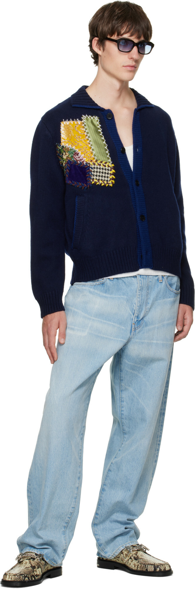 BLUEMARBLE Navy Embroidered Patchwork Knitted Cardigan