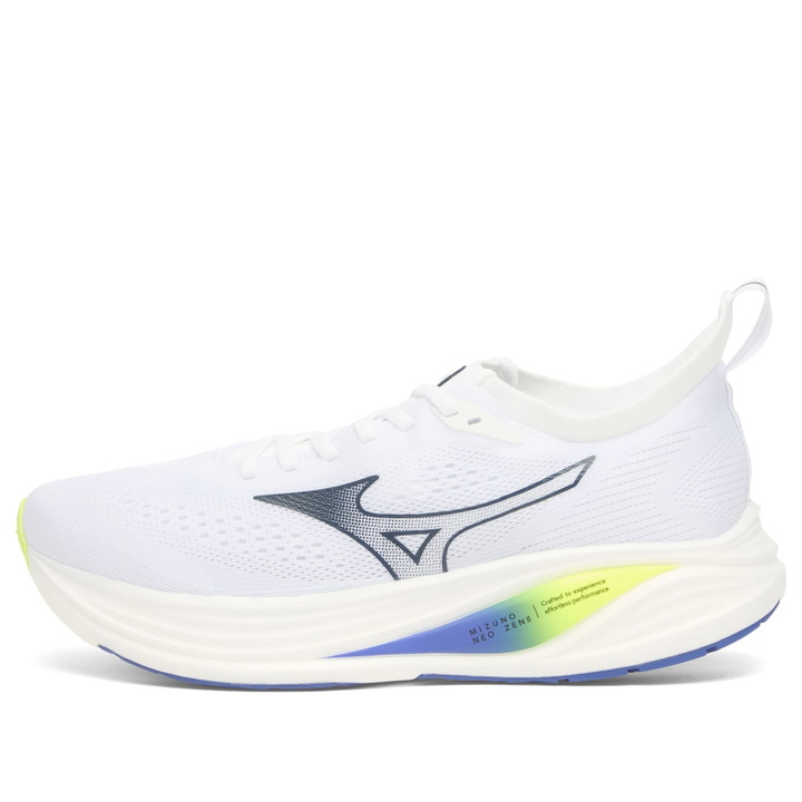 Photo: Mizuno Men's Running Neo Zen 2 Sneaker in White/Estate Blue/Lightning Yellow