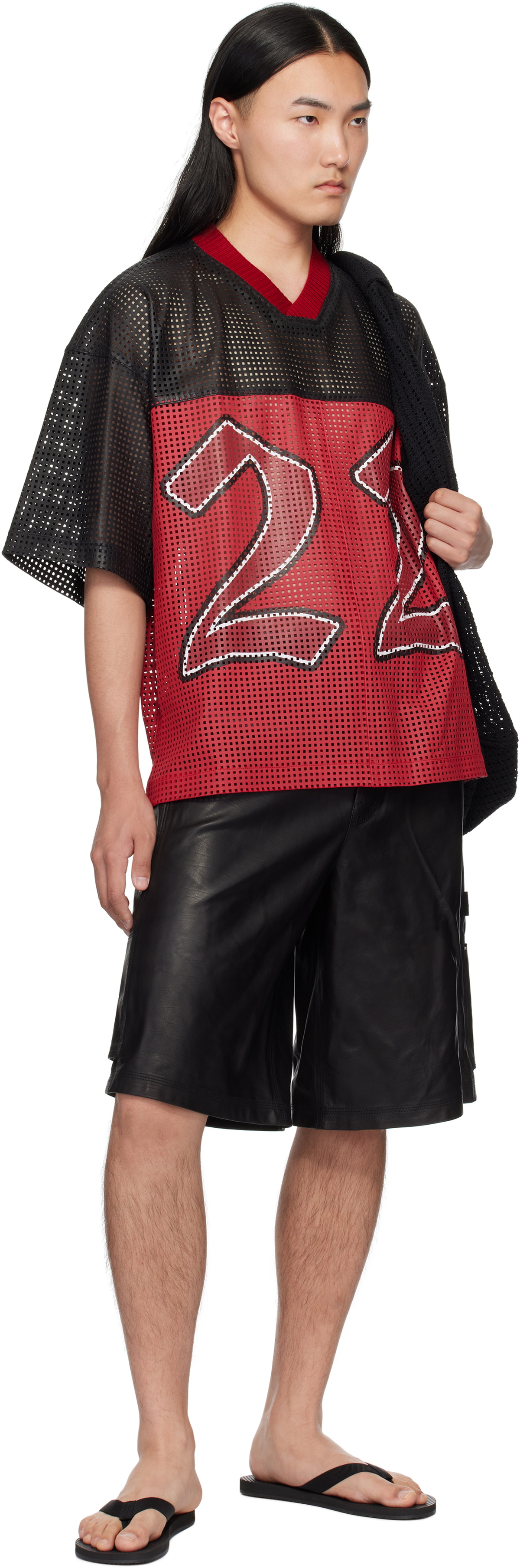AMIRI Black & Red 'AMIRI 22' Oversized Jersey Leather T-shirt