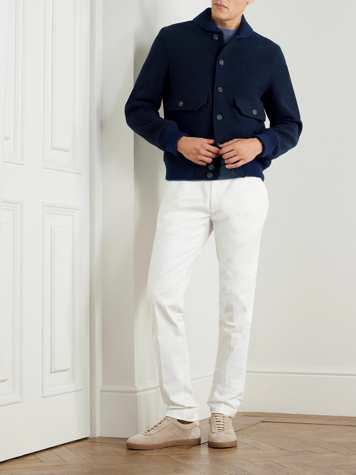 Eleventy - Slim-Fit Ribbed-Knit Trimmed Wool-Blend Bomber Jacket - Blue