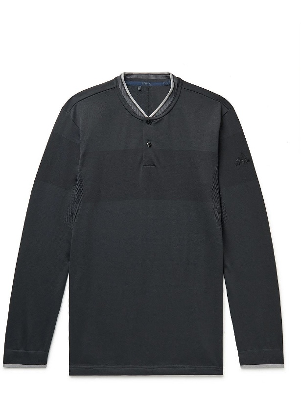 Photo: adidas Golf - Striped Primegreen Primeknit Golf Polo Shirt - Black