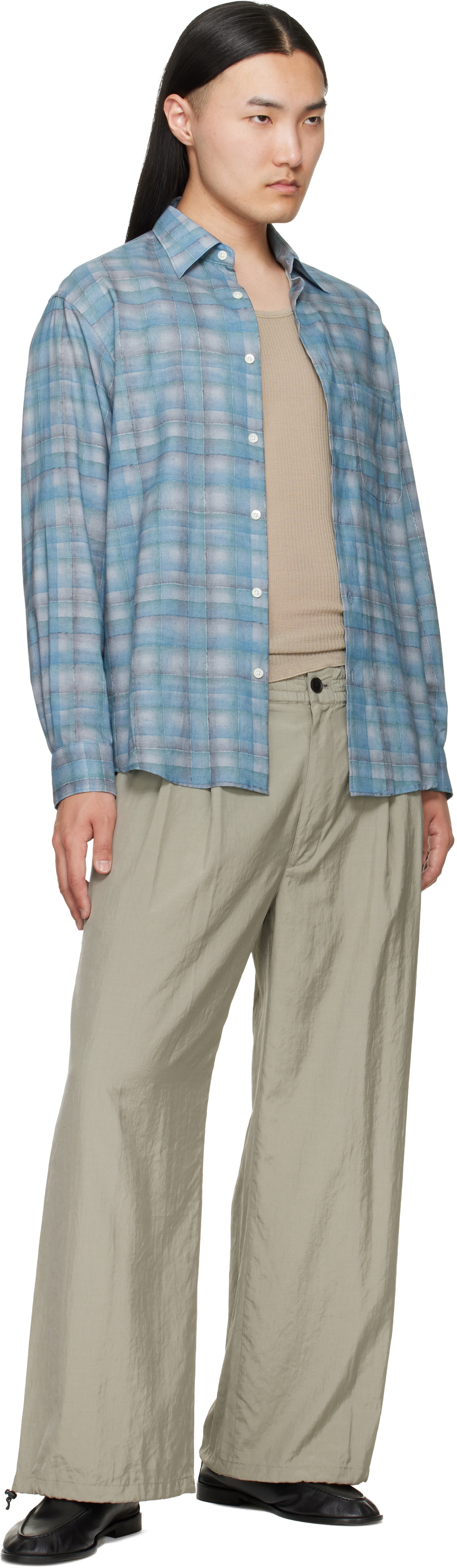 YOKE Blue Printed Plaid Cotton Lawn Shirt