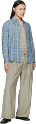 YOKE Blue Printed Plaid Cotton Lawn Shirt