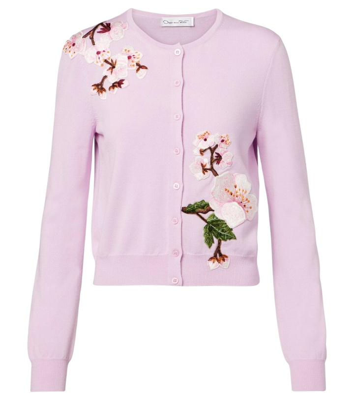 Photo: Oscar de la Renta Floral-appliqué virgin wool cardigan