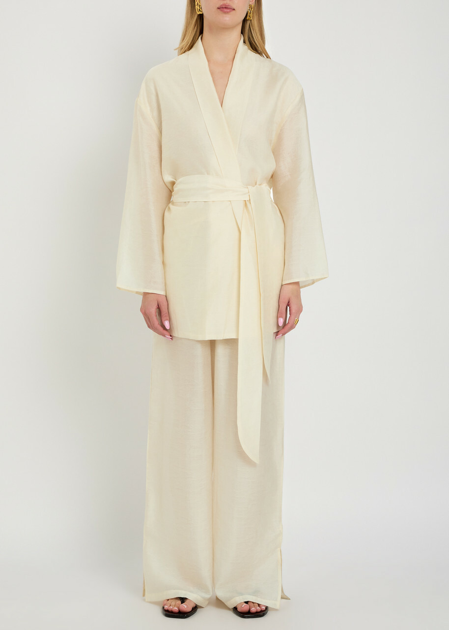 Solaqua Alma Embroidered Belted Kimono Robe Ivory