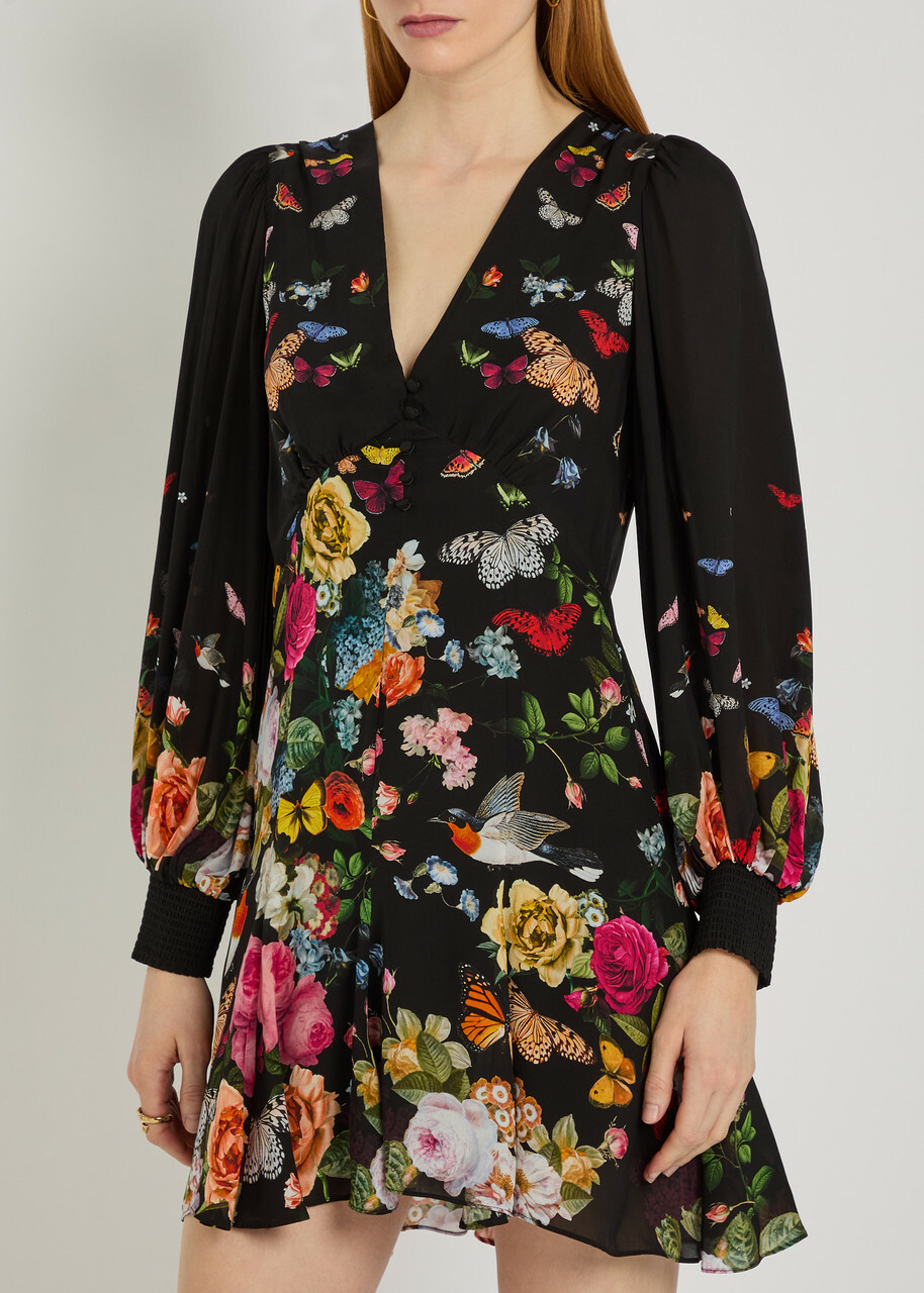 Alice + Olivia Irene Empire Waist Printed Woven Mini Dress Black