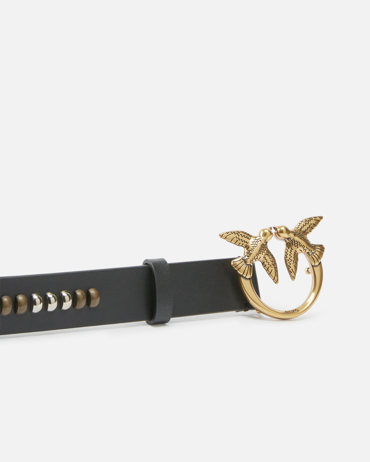Pinko Leather Belt With Studded Birds Buckle Black Antique Gold