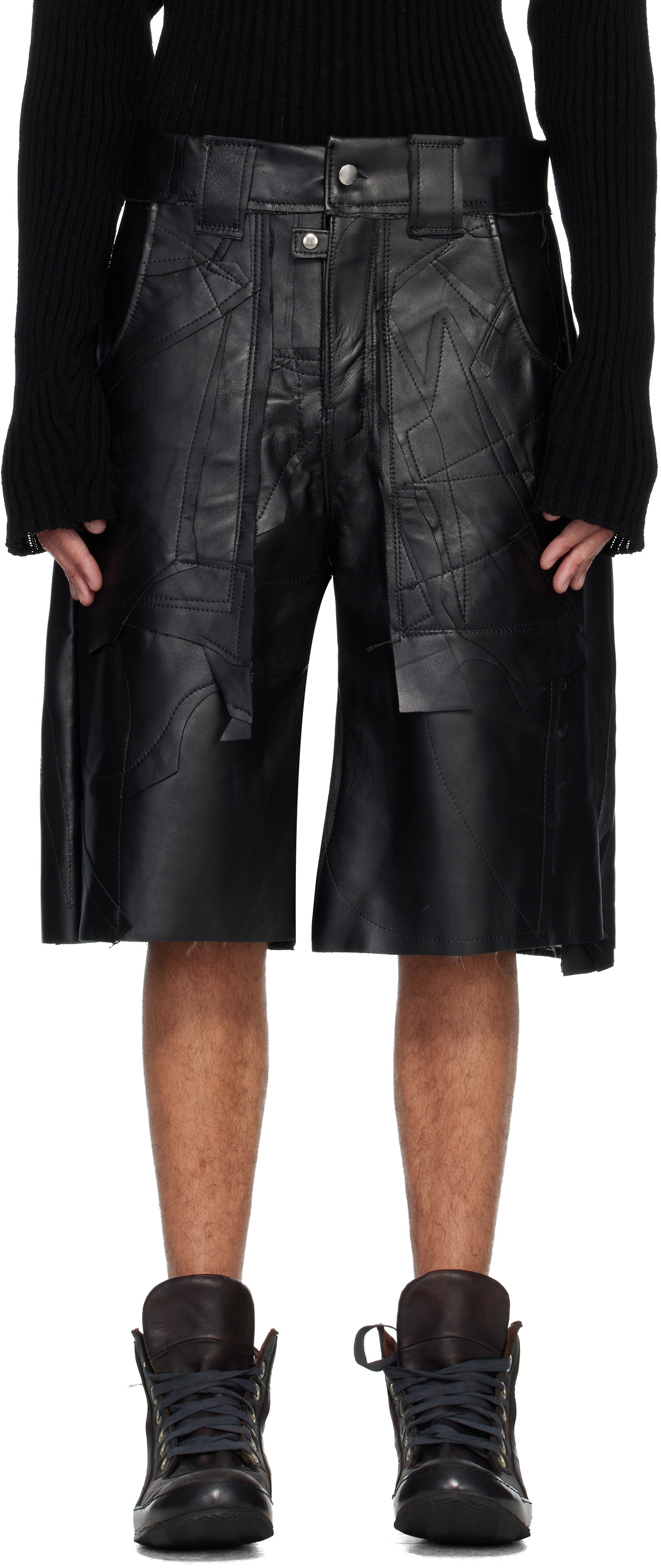 Swampgod Black Patchwork Leather Beach Shorts