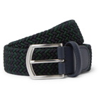 Anderson's - 3.5cm Navy Leather-Trimmed Woven Elastic Belt - Blue