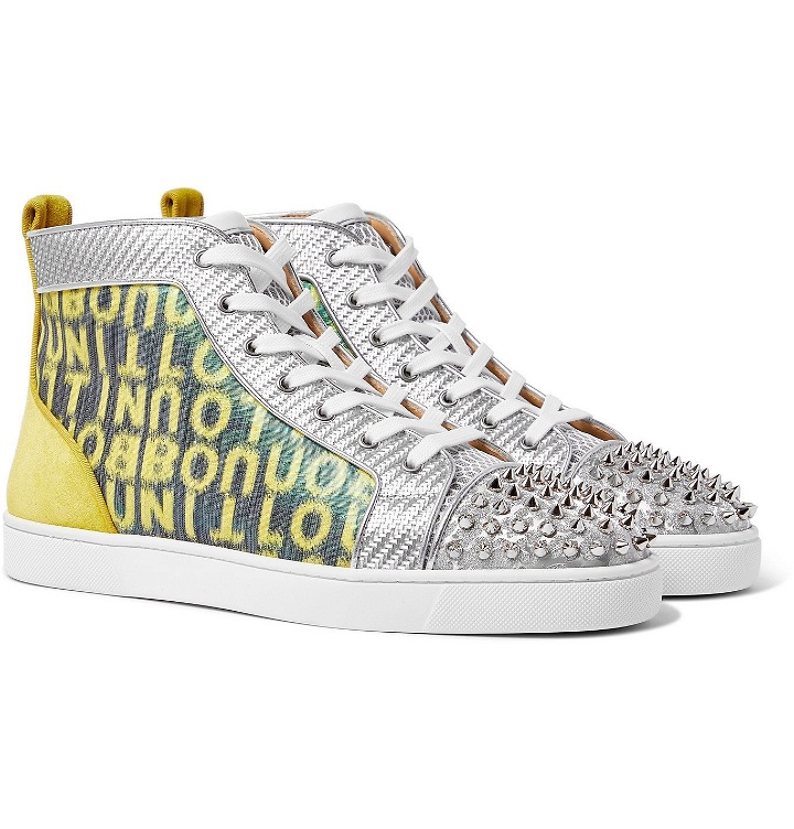 Photo: CHRISTIAN LOUBOUTIN - Louis Spiked Suede and Mesh-Trimmed Glittered Logo-Print Canvas High-Top Sneakers - Yellow