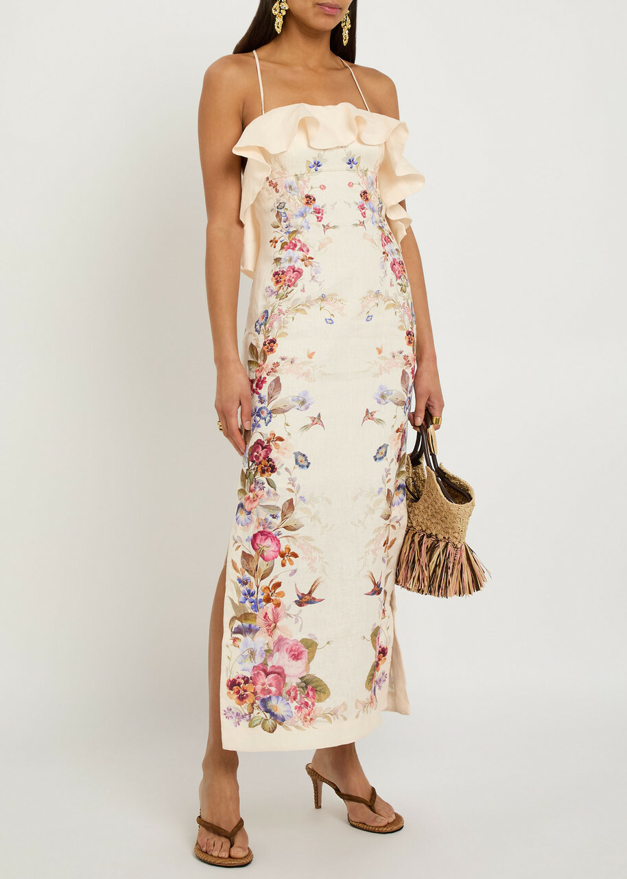 Zimmermann Patience Ruffled Floral Linen Midi Dress Cream