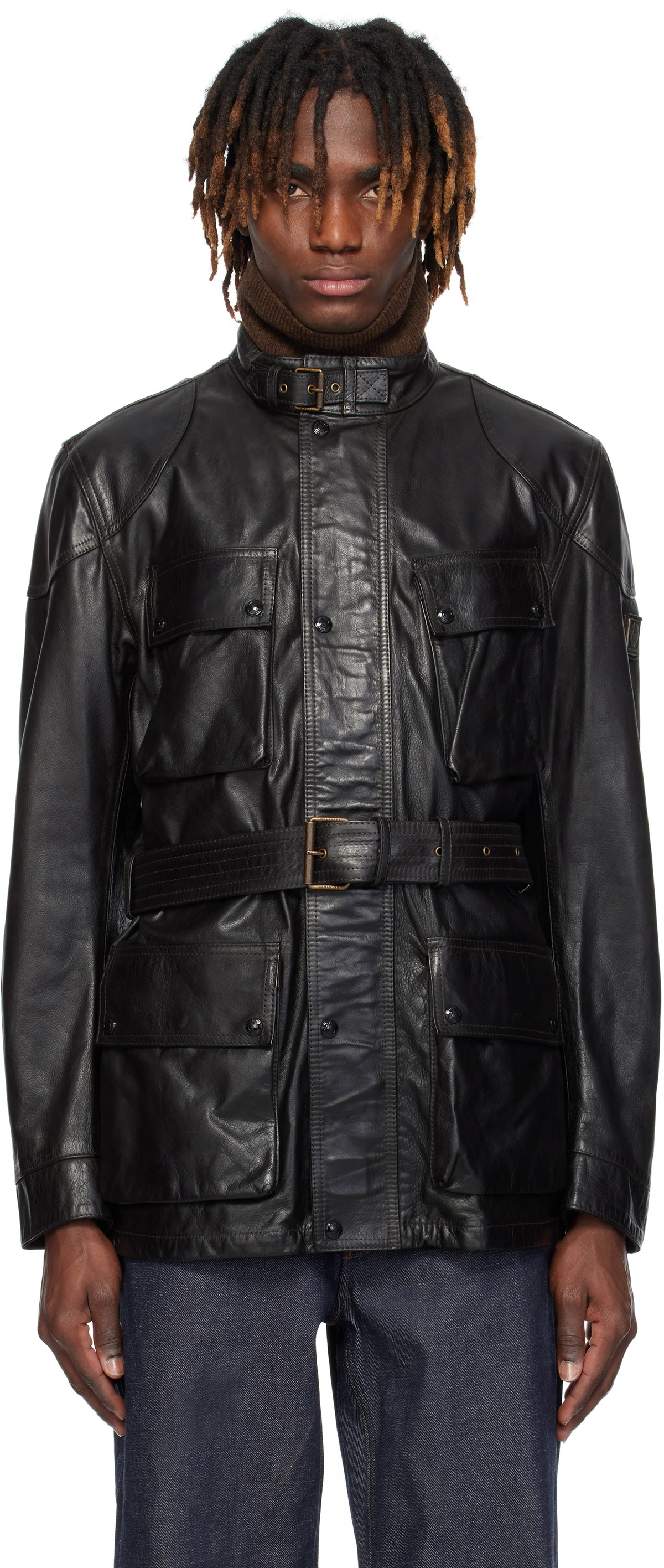 Belstaff ダークブラウンレザージャケット ベルト付き パンチングメッシュ bel442401-001.jpg