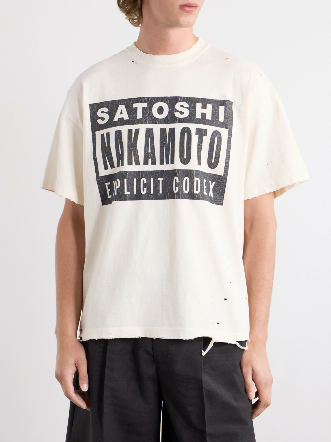 Satoshi Nakamoto - Explicit Codex Logo-Print Distressed Cotton-Jersey T-Shirt - White