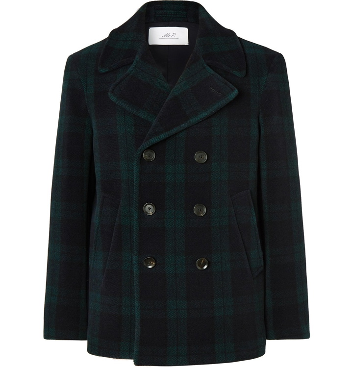 Photo: Mr P. - Double-Breasted Checked Wool-Blend Peacoat - Blue