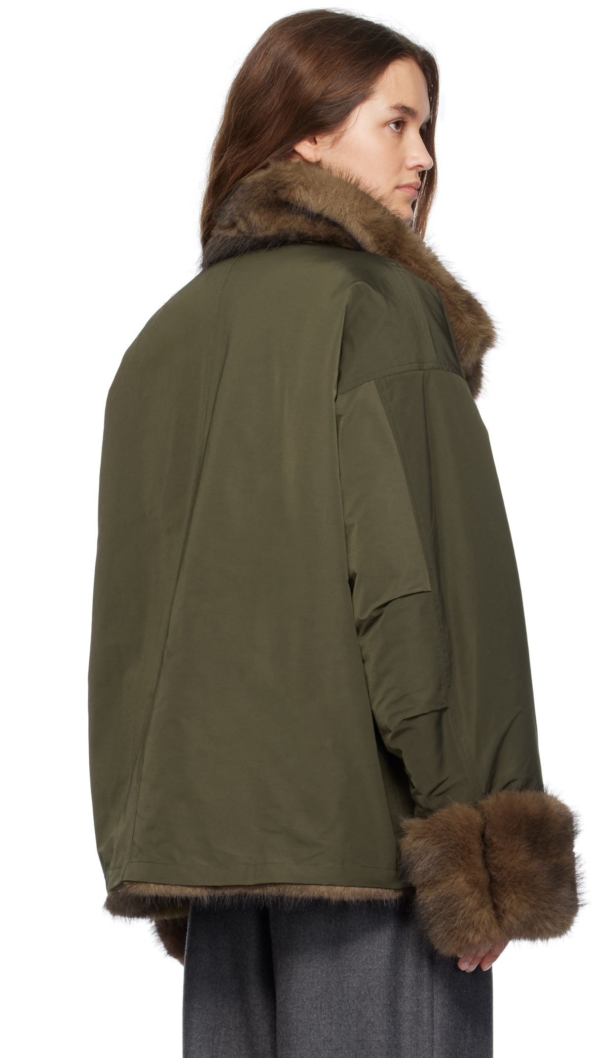 LE17SEPTEMBRE Khaki & Brown Horizontal Faux-Fur Jacket