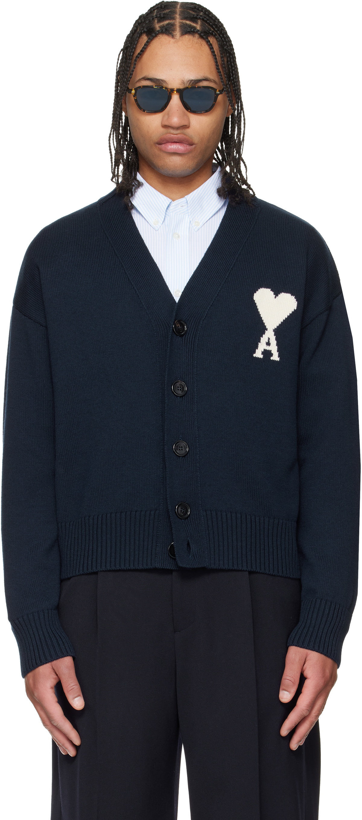 AMI Paris: Navy Wool Ami de Coeur Cardigan | SSENSE