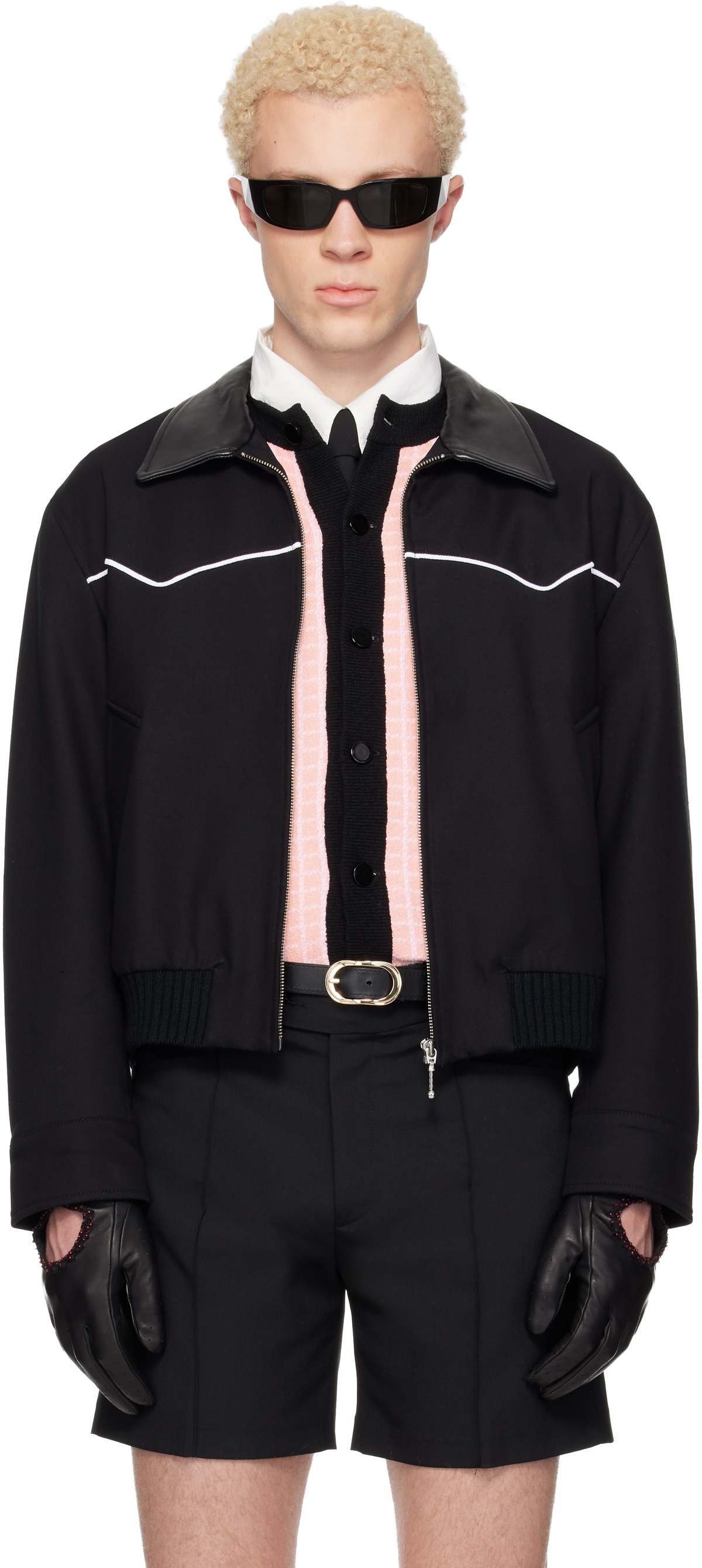 Ernest W. Baker Black & White 80's Leather Track Jacket Ernest W