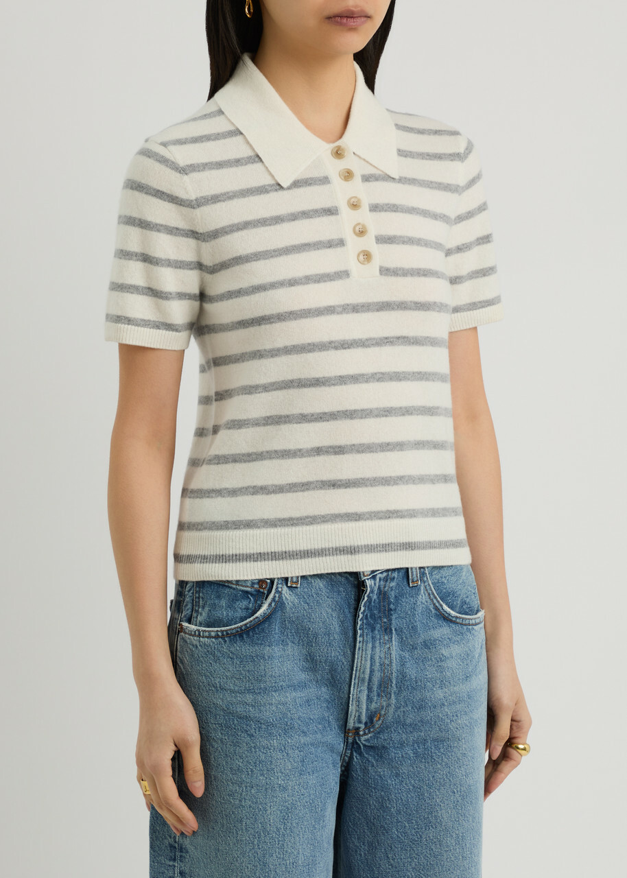 Veronica Beard Brandt Striped-intarsia Cashmere Polo Jumper Cream