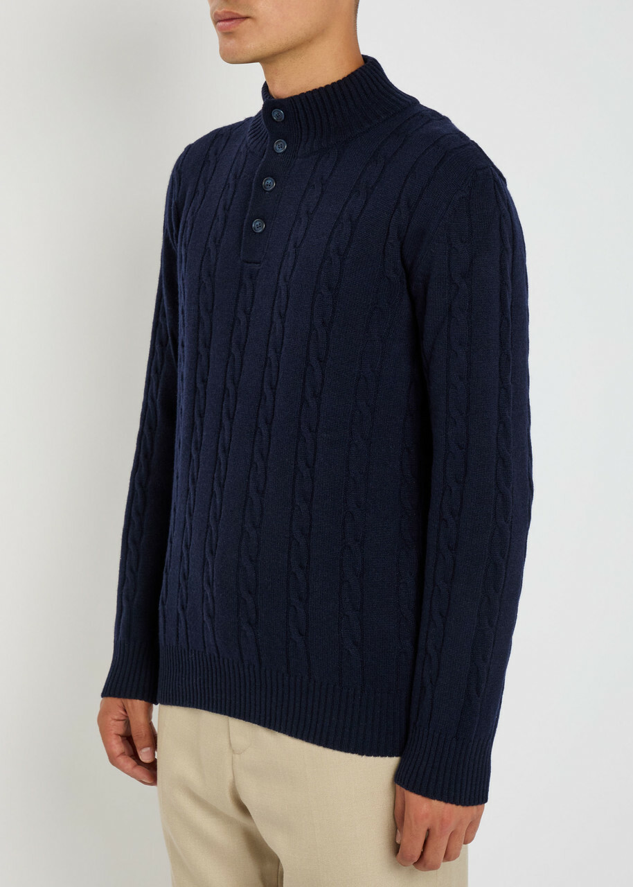 Aurélien Cable-knit Wool and Cashmere-blend Polo Jumper Navy