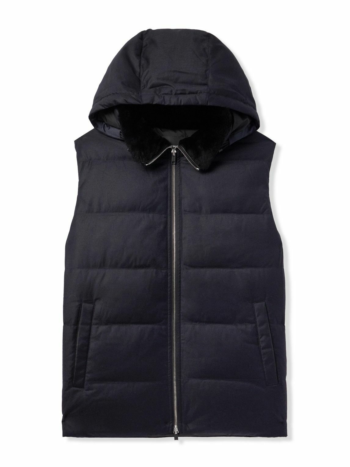 Yves Salomon - Shearling-Trimmed Quilted Wool and Silk-Blend Hooded Down Gilet - Blue