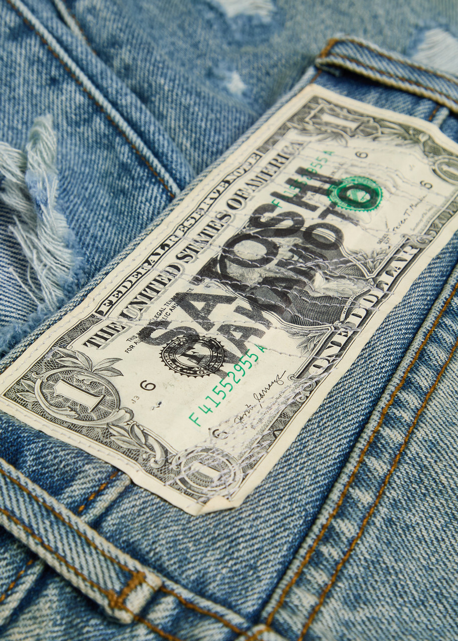 Satoshi Nakamoto Blessed To Be Stressed Distressed Wide-leg Jeans Blue