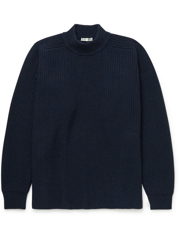 Photo: The Row - Ribbed Merino Wool and Cashmere-Blend Mock-Neck Sweater - Blue