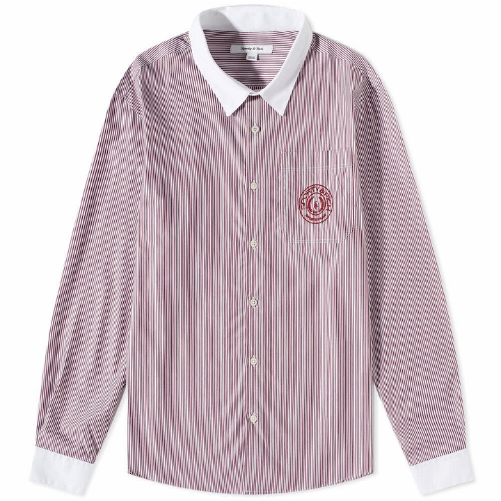 Photo: Sporty & Rich Cara Embroidered Shirt in Merlot Stripe
