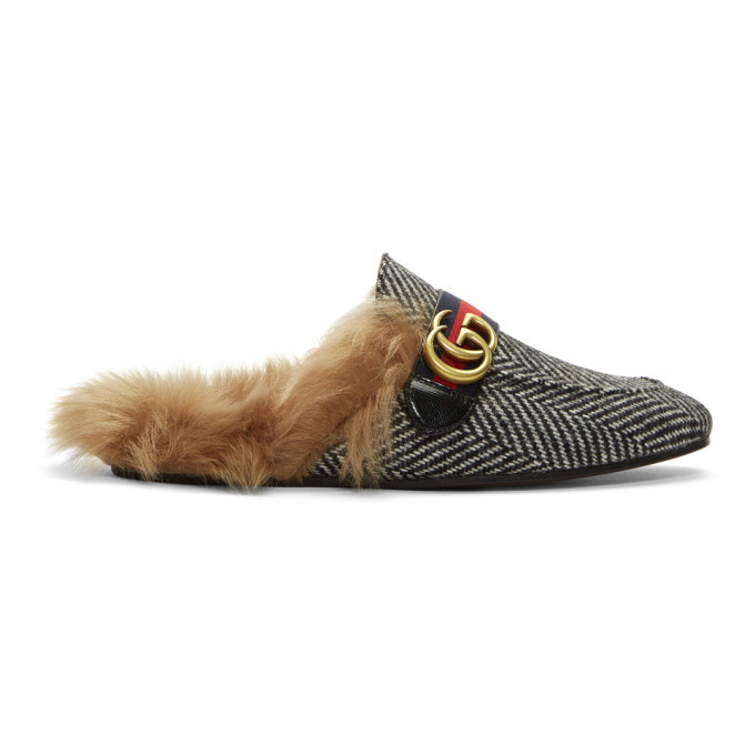 Photo: Gucci Black and White Herringbone Wool-Lined Princetown Slip-On Loafers