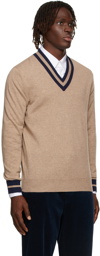 Brunello Cucinelli Beige & Navy Cashmere V-Neck Sweater