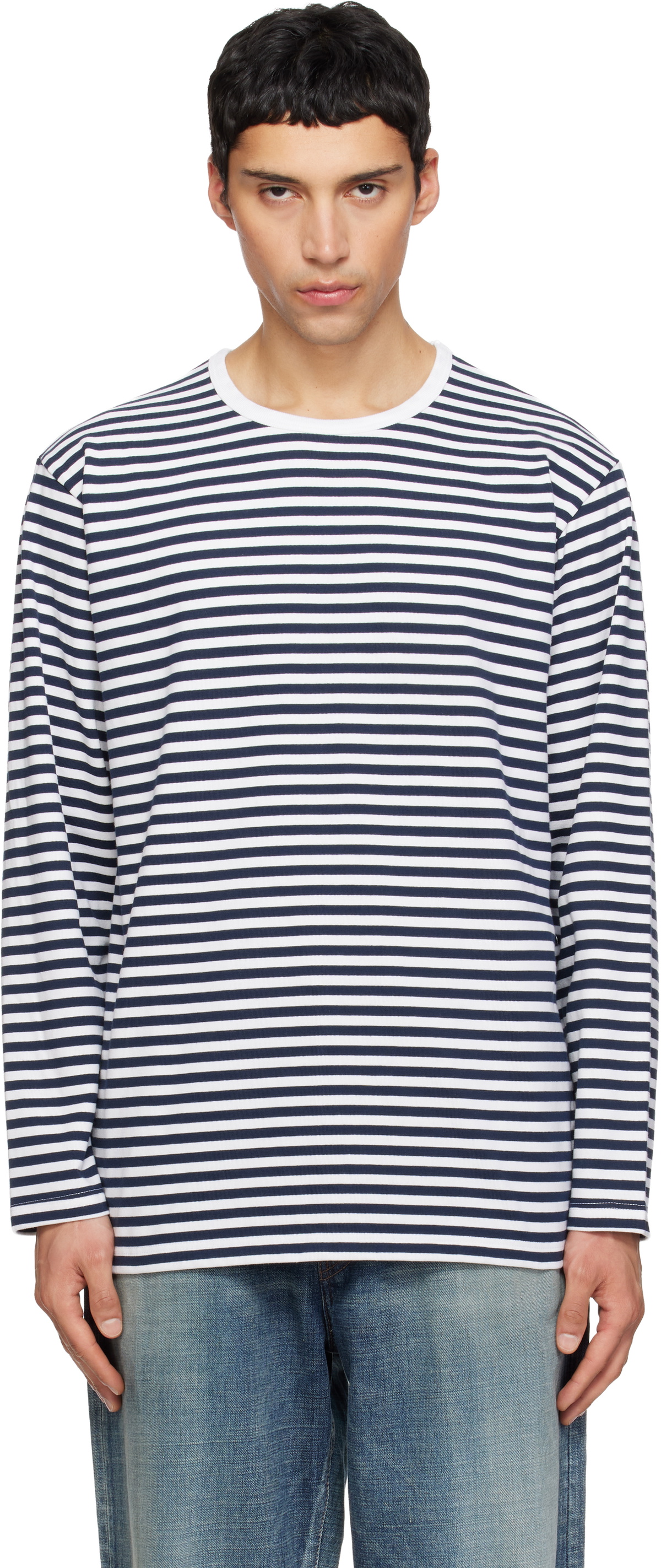 nanamica Navy & White COOLMAX Stripe Jersey L/S T-shirt
