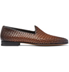 Santoni - Woven Burnished-Leather Loafers - Brown