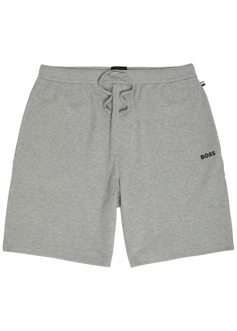 Boss Logo-embroidered Waffle Cotton-blend Shorts Grey