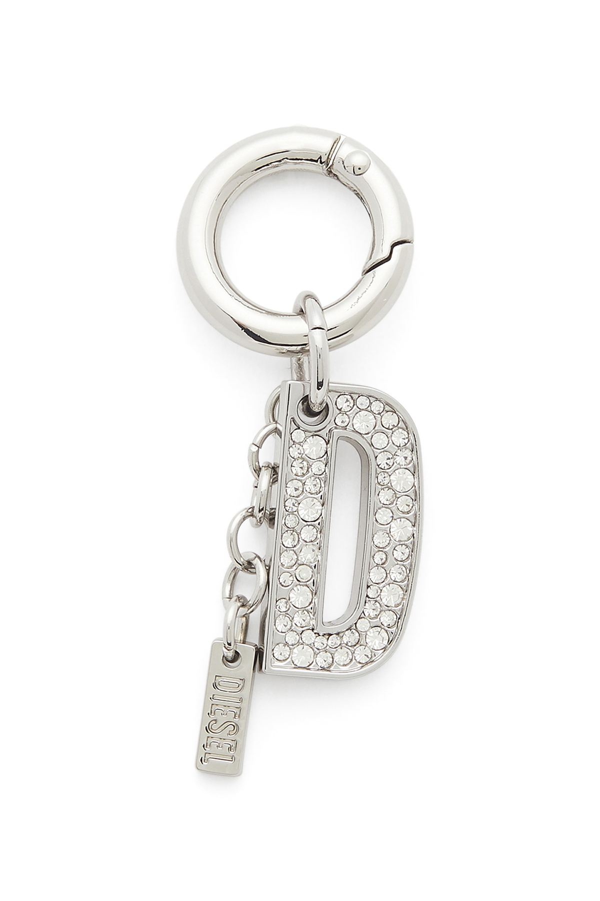 Diesel Metal keyring charm with crystal D - Charms and Keyrings Womens in Silver