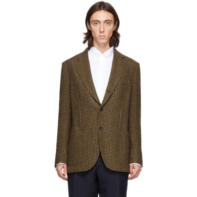 Drakes Brown and Green Wool Houndstooth Blazer
