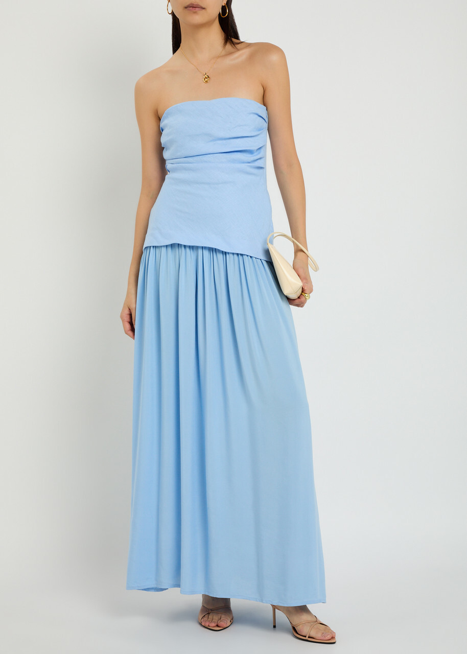 Faithfull The Brand Hedy Draped Linen and Jersey Maxi Dress Light Blue