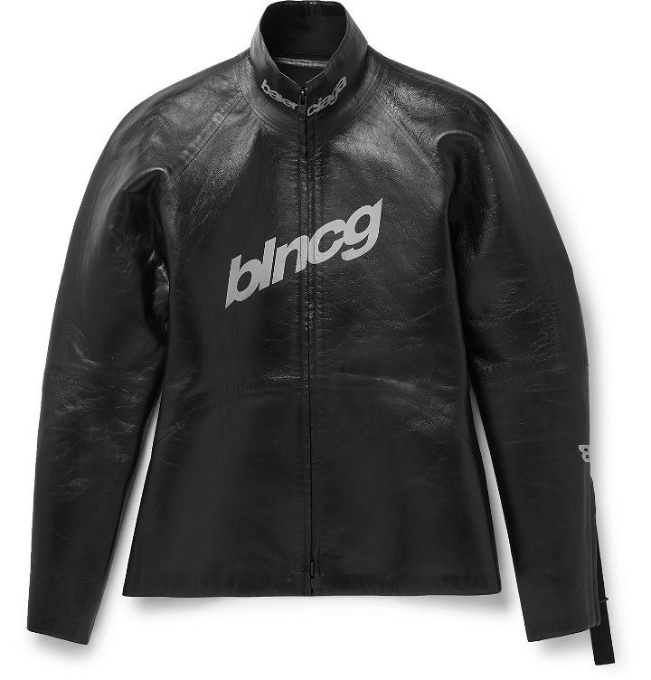 Photo: BALENCIAGA - Slim-Fit Zip-Detailed Logo-Print Leather Jacket - Black