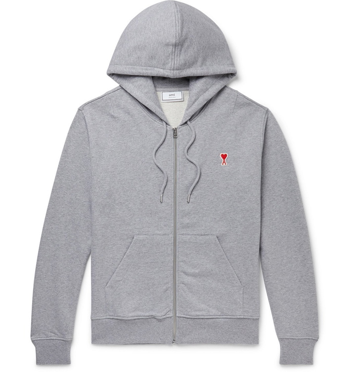 Photo: AMI - Logo-Appliquéd Loopback Cotton-Jersey Zip-Up Hoodie - Gray