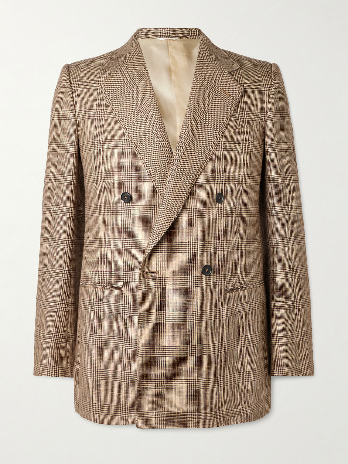 Husbands - Double-Breasted Prince of Wales Checked Worsted Wool and Linen-Blend Blazer - Brown