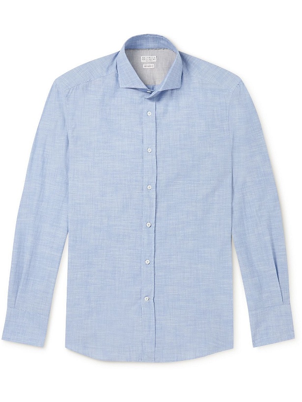 Photo: Brunello Cucinelli - Slim-Fit Spread-Collar Cotton-Chambray Shirt - Blue